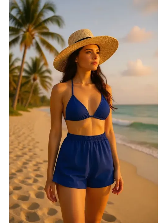Kadın Mavi Şortlu Belden Ve Boyundan Bağlamalı Bikini Takımı – Modern, Konforlu Ve Günlük Kombinlere Uygun