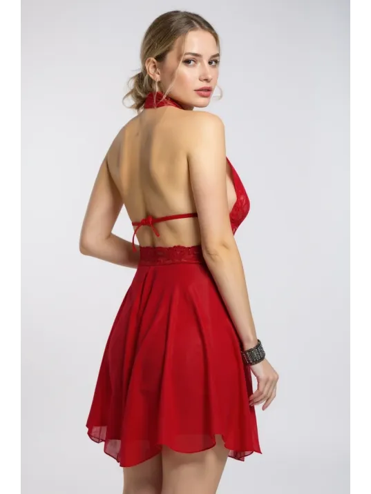 Kadın Kırmızı Çapraz Bağlı Kısa Tül Dantel Gecelik – Modern Ve Şık Tasarım