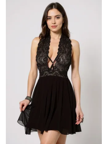 Kadın Siyah Çapraz Bağlı Kısa Tül Dantel Gecelik – Modern Ve Şık Tasarım