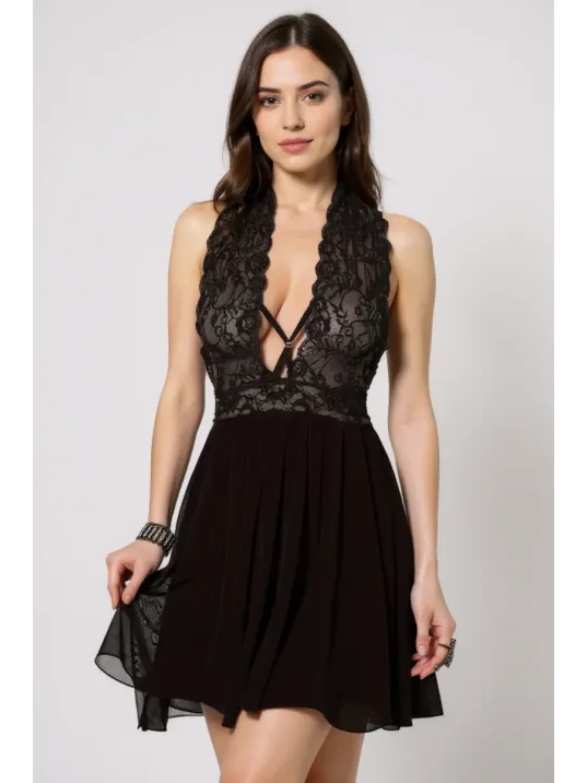Kadın Siyah Çapraz Bağlı Kısa Tül Dantel Gecelik – Modern Ve Şık Tasarım