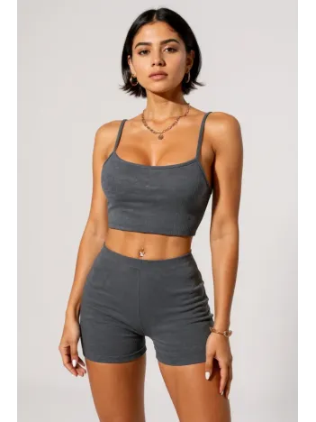 Kadın Antrasit Gri Şortlu Kaşkorse Gecelik Takım – Modern, Konforlu Ve Günlük Kombinlere Uygun