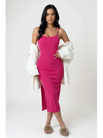 Kadın Fuşya Yırtmaçlı Diz Altı Vücüdu Saran Gecelik
