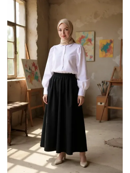 Kadın Siyah Double Kumaş Beli Lastikli Cepli Etek Kadın Siyah Double Kumaş Beli Lastikli Cepli Etek