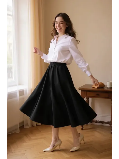 Kadın Siyah Double Kumaş Beli Lastikli Cepli Etek