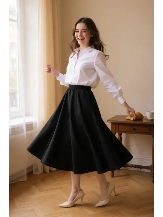 Kadın Siyah Double Kumaş Beli Lastikli Cepli Etek Kadın Siyah Double Kumaş Beli Lastikli Cepli Etek