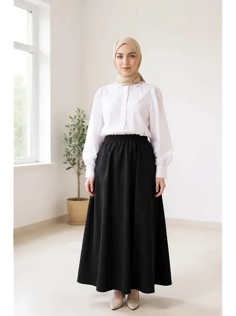 Kadın Siyah Double Kumaş Beli Lastikli Cepli Etek