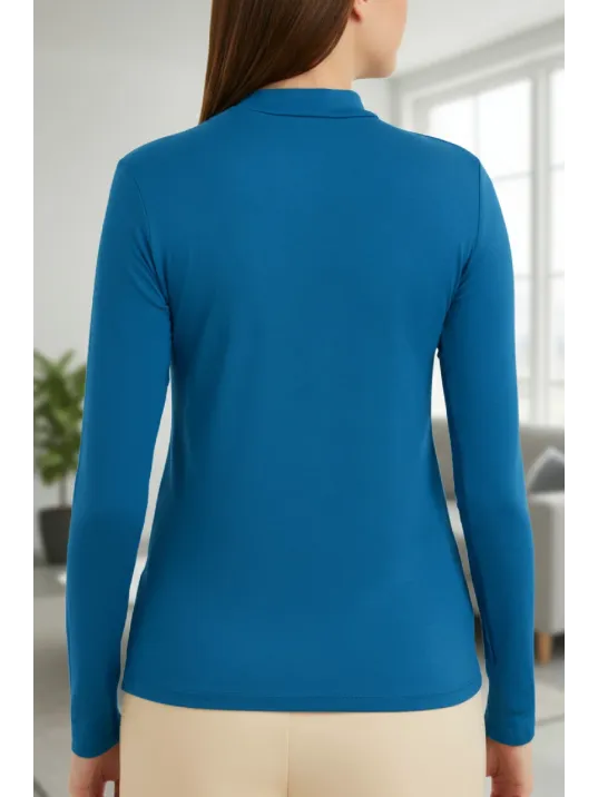 Kadın Mavi Parmak Detaylı Esnek Uzun Kollu Body