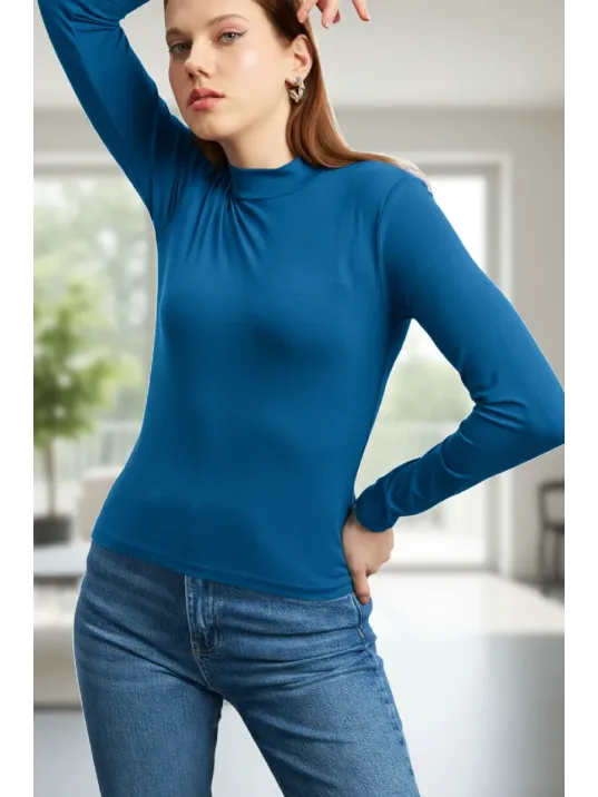 Kadın Mavi Parmak Detaylı Esnek Uzun Kollu Body