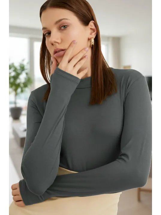 Kadın Antrasit Gri Parmak Detaylı Esnek Uzun Kollu Body