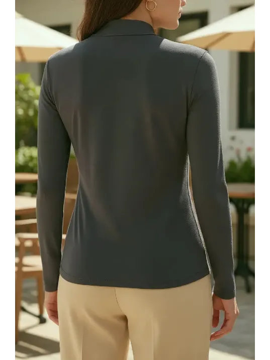 Kadın Antrasit Gri Parmak Detaylı Esnek Uzun Kollu Body