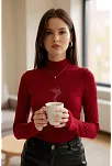 Kadın Bordo Parmak Detaylı Esnek Uzun Kollu Body