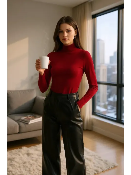 Kadın Bordo Parmak Detaylı Esnek Uzun Kollu Body