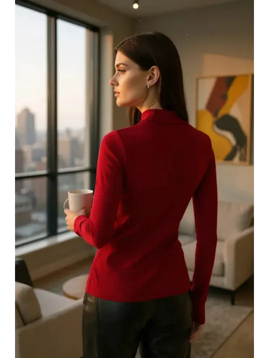 Kadın Bordo Parmak Detaylı Esnek Uzun Kollu Body