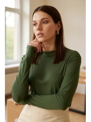 Kadın Haki Yeşili Parmak Detaylı Esnek Uzun Kollu Body