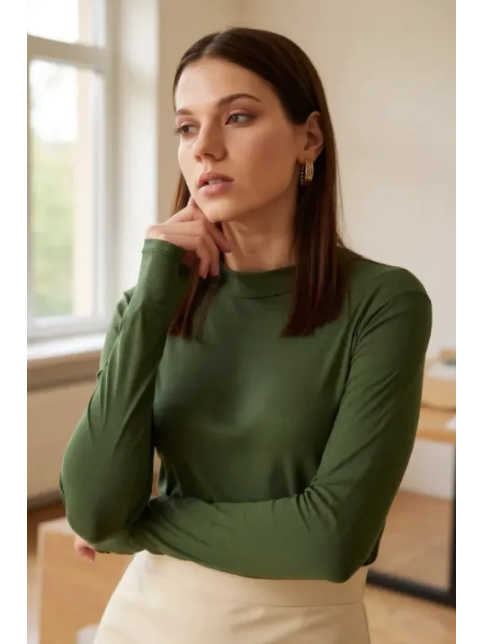 Kadın Haki Yeşili Parmak Detaylı Esnek Uzun Kollu Body Kadın Haki Yeşili Parmak Detaylı Esnek Uzun Kollu Body