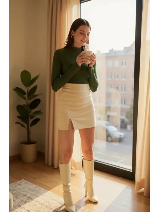 Kadın Haki Yeşili Parmak Detaylı Esnek Uzun Kollu Body Kadın Haki Yeşili Parmak Detaylı Esnek Uzun Kollu Body