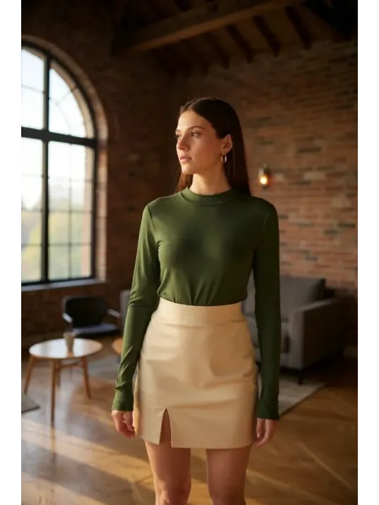 Kadın Haki Yeşili Parmak Detaylı Esnek Uzun Kollu Body Kadın Haki Yeşili Parmak Detaylı Esnek Uzun Kollu Body