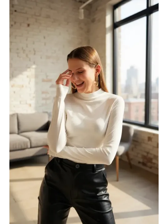 Kadın Beyaz Parmak Detaylı Esnek Uzun Kollu Body