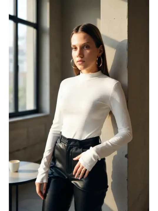 Kadın Beyaz Parmak Detaylı Esnek Uzun Kollu Body