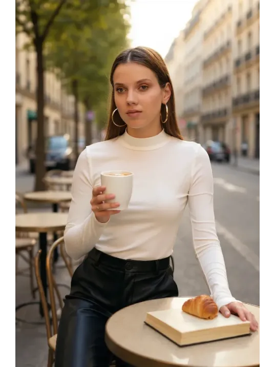 Kadın Beyaz Parmak Detaylı Esnek Uzun Kollu Body