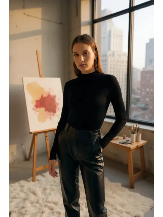 Kadın Siyah Parmak Detaylı Esnek Uzun Kollu Body