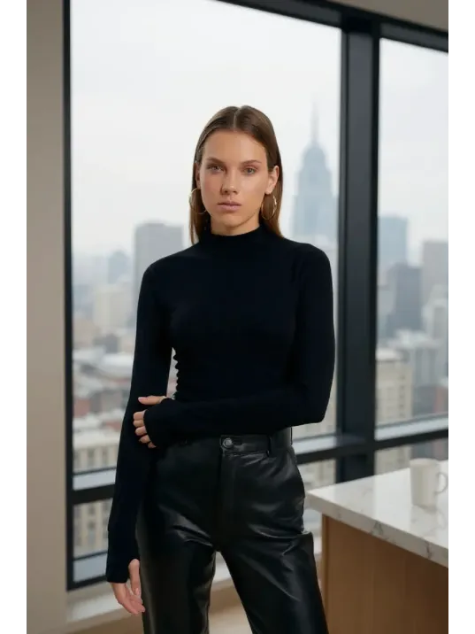 Kadın Siyah Parmak Detaylı Esnek Uzun Kollu Body