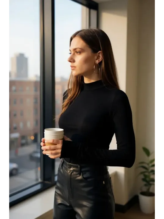 Kadın Siyah Parmak Detaylı Esnek Uzun Kollu Body