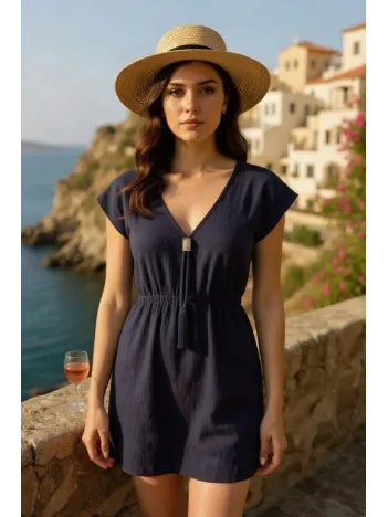 Kadın Lacivert Yanları Yırtmaçlı Tokalı V Yaka Mini Plaj Elbisesi