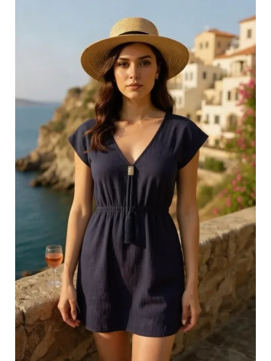 Kadın Lacivert Yanları Yırtmaçlı Tokalı V Yaka Mini Plaj Elbisesi