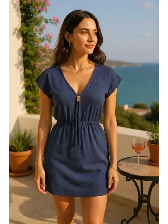 Kadın Lacivert Yanları Yırtmaçlı Tokalı V Yaka Mini Plaj Elbisesi