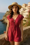 Kadın Bordo Yanları Yırtmaçlı Tokalı V Yaka Mini Plaj Elbisesi