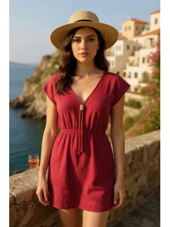 Kadın Bordo Yanları Yırtmaçlı Tokalı V Yaka Mini Plaj Elbisesi