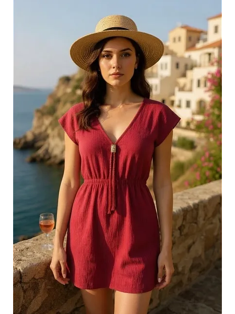 Kadın Bordo Yanları Yırtmaçlı Tokalı V Yaka Mini Plaj Elbisesi