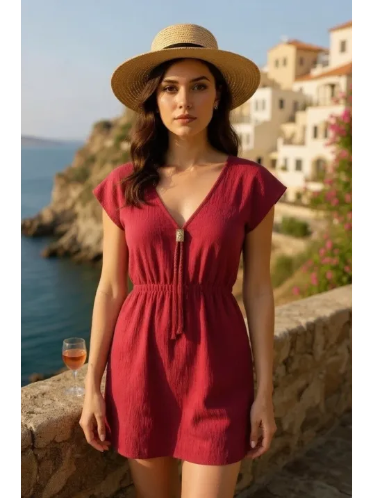 Kadın Bordo Yanları Yırtmaçlı Tokalı V Yaka Mini Plaj Elbisesi