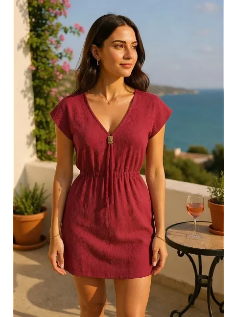 Kadın Bordo Yanları Yırtmaçlı Tokalı V Yaka Mini Plaj Elbisesi