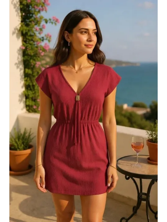 Kadın Bordo Yanları Yırtmaçlı Tokalı V Yaka Mini Plaj Elbisesi