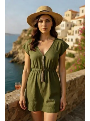 Kadın Haki Yanları Yırtmaçlı Tokalı V Yaka Mini Plaj Elbisesi