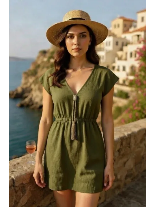Kadın Haki Yanları Yırtmaçlı Tokalı V Yaka Mini Plaj Elbisesi