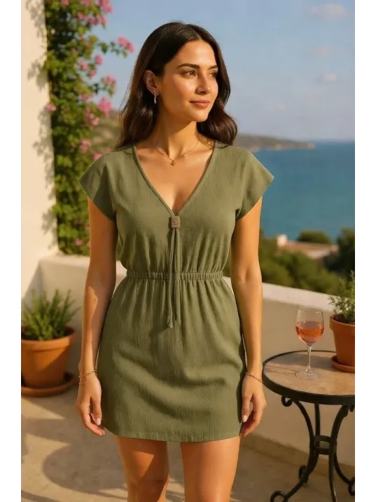 Kadın Haki Yanları Yırtmaçlı Tokalı V Yaka Mini Plaj Elbisesi