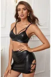 Kadın Seksi Biye Detaylı Deri Etek Sütyen İkili Kostüm Takım