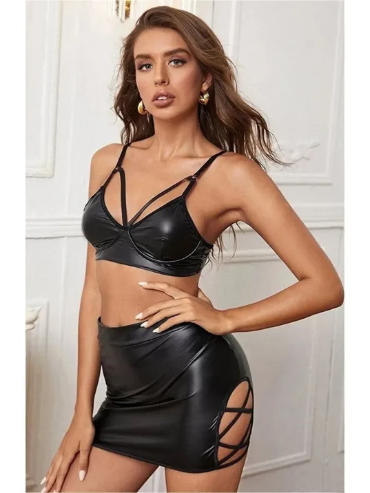 Kadın Seksi Biye Detaylı Deri Etek Sütyen İkili Kostüm Takım