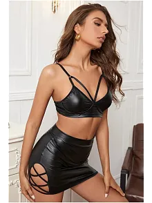 Kadın Seksi Biye Detaylı Deri Etek Sütyen İkili Kostüm Takım