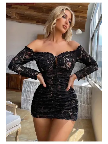 Büzgülü Dantelli Kayık Yaka Elbise Büyük Bedenlere Uygun