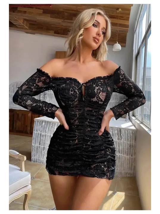 Büzgülü Dantelli Kayık Yaka Elbise Büyük Bedenlere Uygun