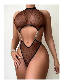 Kadın Leopar Desen Zincirli Kahverengi Seksi Babydoll Fantezi Kostüm
