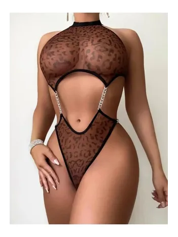 Kadın Leopar Desen Zincirli Kahverengi Seksi Babydoll Fantezi Kostüm