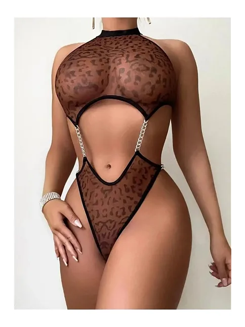 Kadın Leopar Desen Zincirli Kahverengi Seksi Babydoll Fantezi Kostüm Kadın Leopar Desen Zincirli Kahverengi Seksi Babydoll Fantezi Kostüm
