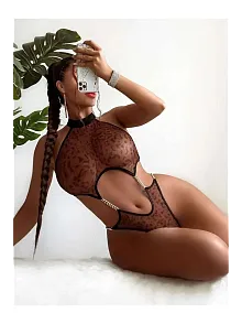 Kadın Leopar Desen Zincirli Kahverengi Seksi Babydoll Fantezi Kostüm