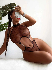 Kadın Leopar Desen Zincirli Kahverengi Seksi Babydoll Fantezi Kostüm