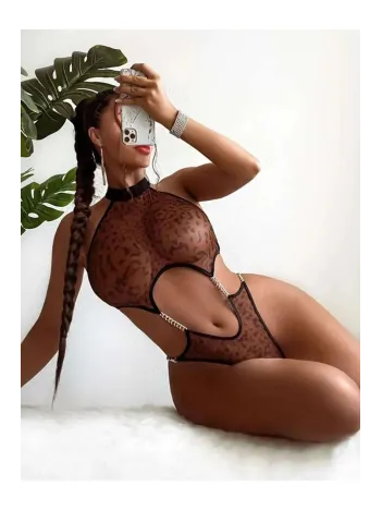 Kadın Leopar Desen Zincirli Kahverengi Seksi Babydoll Fantezi Kostüm